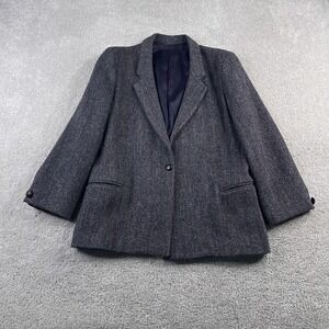 VINTAGE Harris Tweed Blazer Womens 8 Grey Wool Herringbone One Button Jacket